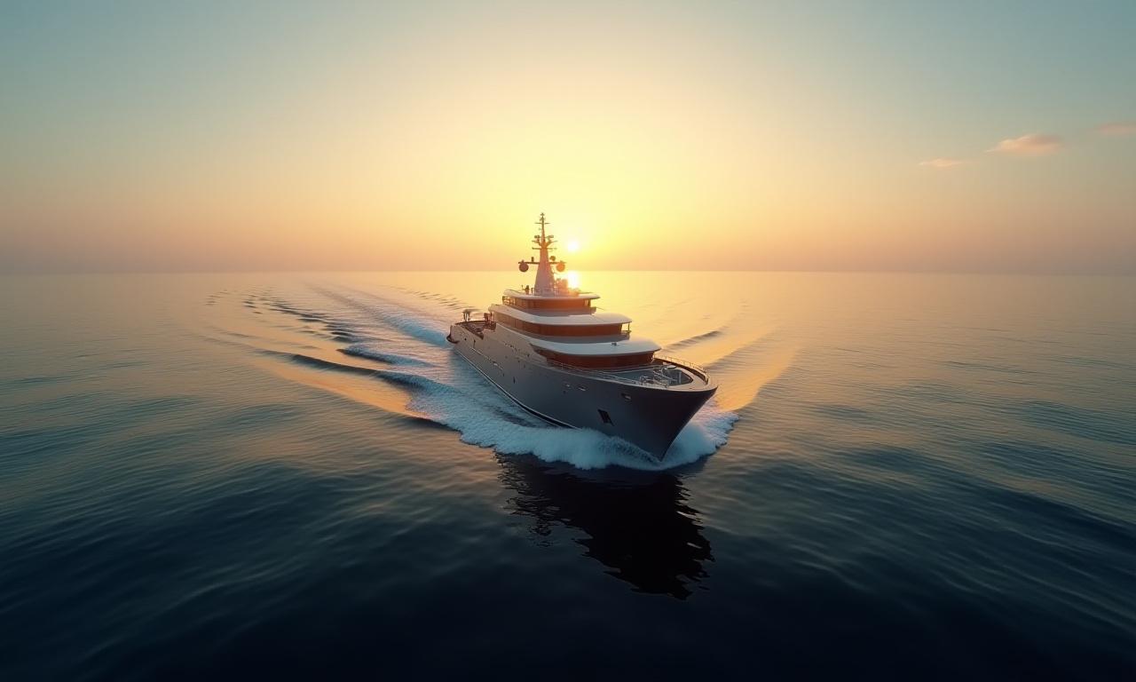 A modern research vessel navigating through calm ocean waters at dawn.